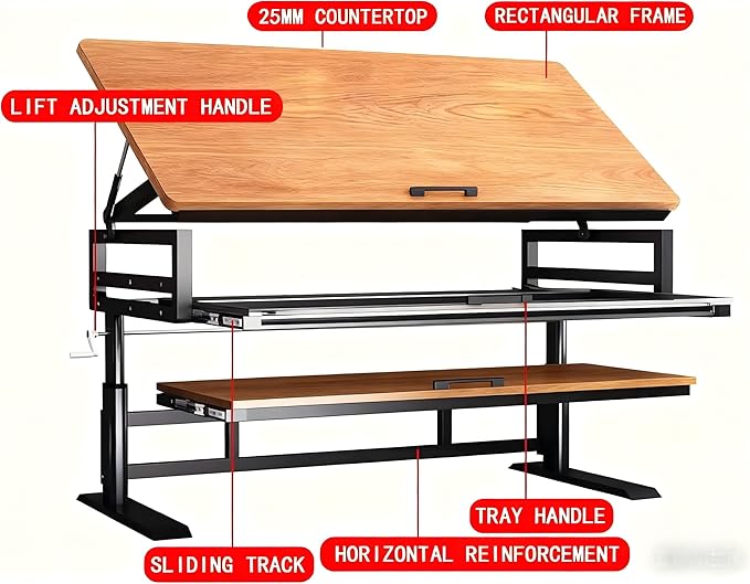 Studio Desk with Keyboard Tray | Hand-Crank Adjustable Standing Desk Workstation for Music Production, Cable Management, MIDI Keyboard Shelf (Black, 55In)
