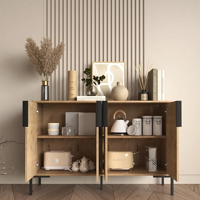 4 Doors Sideboard Buffet Cabinet with Adjustable Shelves, Modern Accent Sideboard with Golden Legs, Wide Storage Cabinet for Kitchen, LivingRoom,Natural