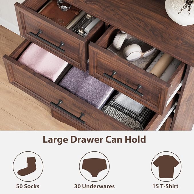 Walnut Farmhouse Dresser for Bedroom, Modern 6 Chest of Drawers, 44" Tall Chest of Drawers with Brushed Metal Handle, Wood Closet Organizers and Storage Cabinet for Bedroom, Living Room, Hallway