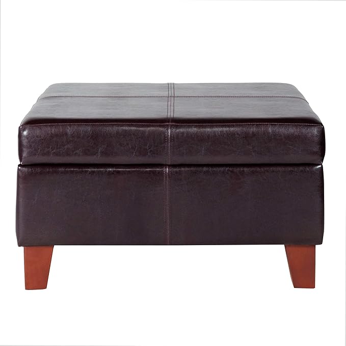 HomePop Faux Leather Square Storage Ottoman with Wood Legs, Distressed Brown