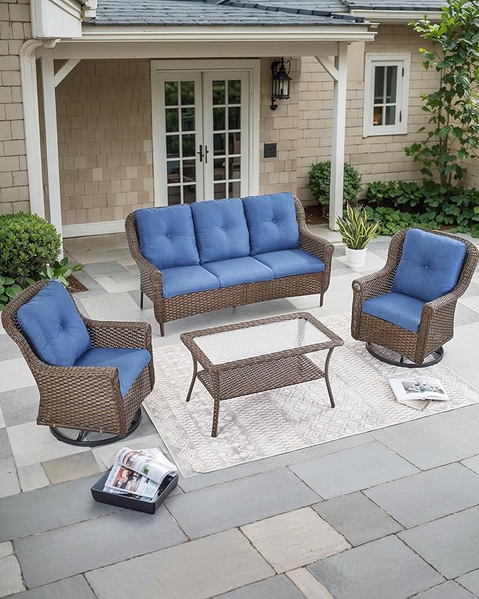 Patio Couch Outdoor Wicker Sofa - Heavy Duty All-Weather Brown Rattan 3-Seater with High Back and Comfortable Thick Cushions for Garden Back Porch Poolside Apartment - Navy Blue