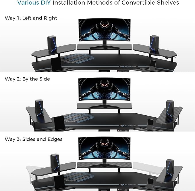 EUREKA ERGONOMIC Gaming Desk, Standing Desk w Keyboard Tray, 72" Wing Shaped Music Studio Table with LED Shelves, Gaming Recording Live Stream, Slot Design
