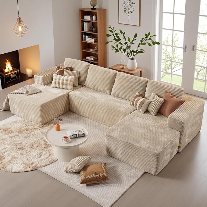 133.1'' Boneless Sectional Couches for Living Room, Oversized Cloud Couch with Chaise & Ottoman, Modular Sofa Sets Deep Seat Plush Corduroy, No Assembly Required,Plush Corduroy,Beige
