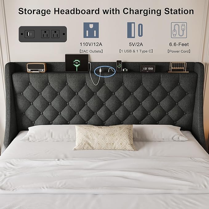 King Size Upholstered Platform Bed Frame with 4 Storage Drawers and Charging Station, Linen Button Tufted Wingback Headboard, Sturdy Wooden Support Slats, No Box Spring Needed, Dark Grey