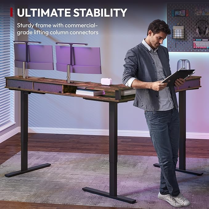 SANODESK 63" L Shaped Standing Desk with 4 Drawers, Height Adjustable Stand up Desk, Corner Gaming Desk with Monitor Stand, Black Frame/Rustic Brown Top