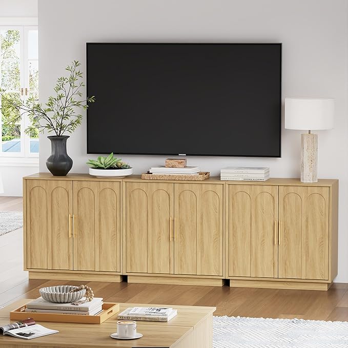 Sideboard Buffet Cabinet with Storage, Modern Accent Cabinet with Arched Doors, Boho Modular Media Console, 31.5" Minimalist Credenza for Living Room Kitchen Dining Room Entryway, Oak