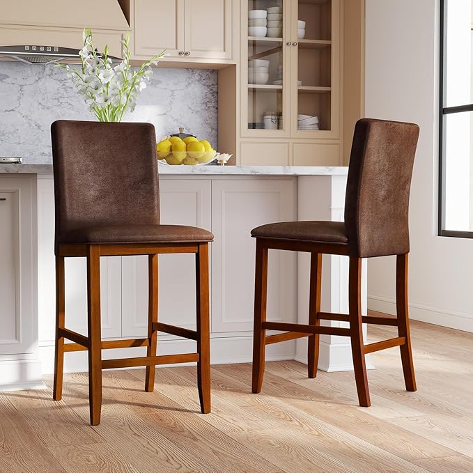 COSTWAY Counter Barstools Set of 4, 26 Inch Counter Height Stools with Upholstered Seat & Backrest, Armless High-Top Chairs with Rubberwood Legs for Kitchen Island, Dining Room, Pub
