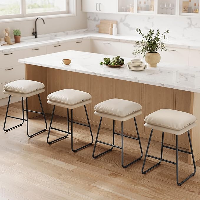 VASAGLE Bar Stools Set of 2, Counter Height Bar Stools, Leather Counter Stools Barstools with Soft Cushion and Metal Sled Legs, 25.6 Inches Bar Height Bar Chairs for Kitchen Island, Cappuccino Beige