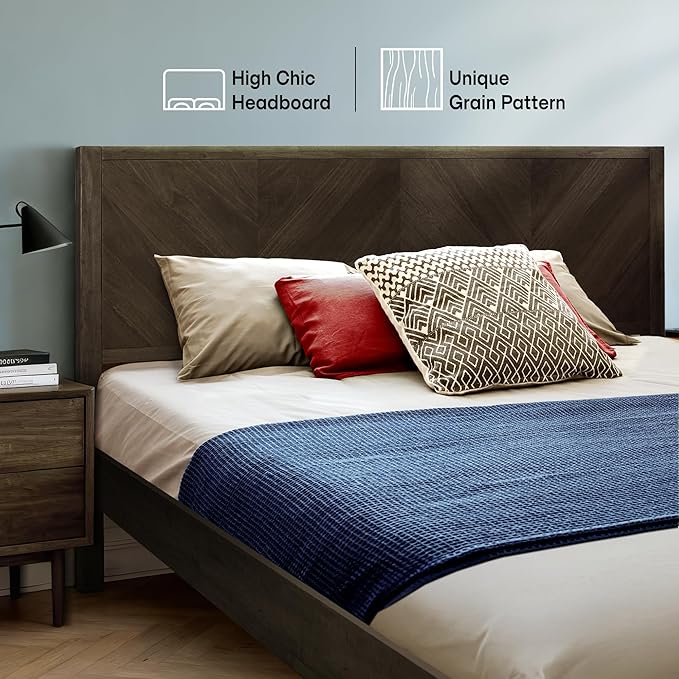 Acacia Alander Bed Frame Queen Size with High Headboard Solid Wood Platform Bed, Tall Headboard Natural Wood Bed Compatible with All Mattresses, Quick & Easy Assembly, No Box Spring Needed, Mocha