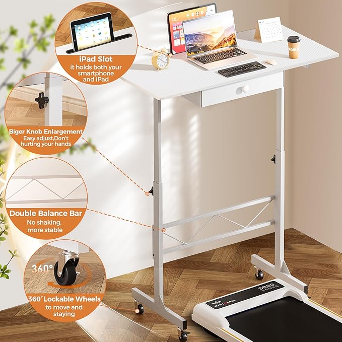 COMHOMA Small Standing Desk Adjustable Height Small Computer Desk Mobile Portable Rolling Laptop Table with Wheels 32" Computer Workstation Sit Stand Desks Portable Standing Table Treadmill desks