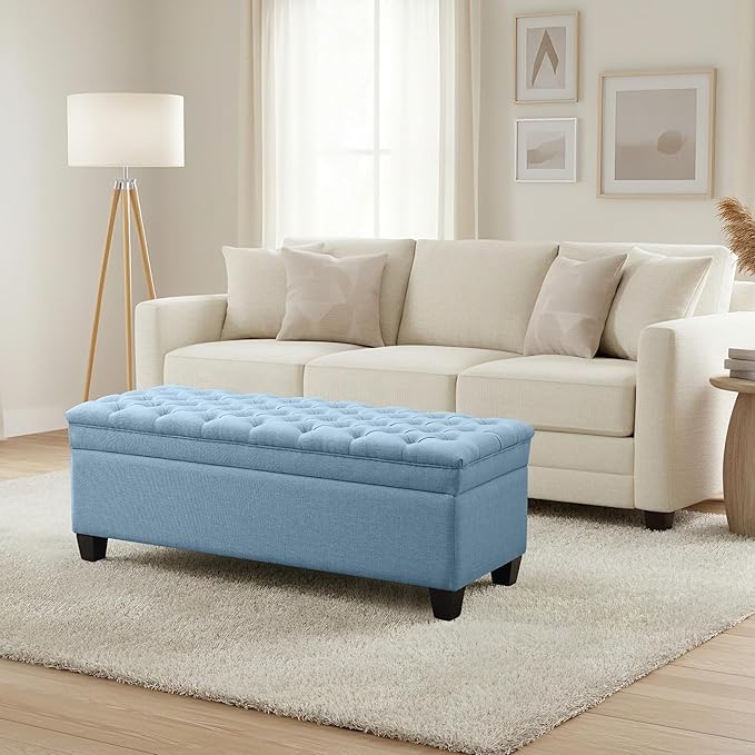 50" Storage Ottoman Bench, Rectangular End of Bed Storage Bench, Upholstered Large Fabric Tufted Ottoman with Storage for Living Room, Bedroom, Entryway,Blue