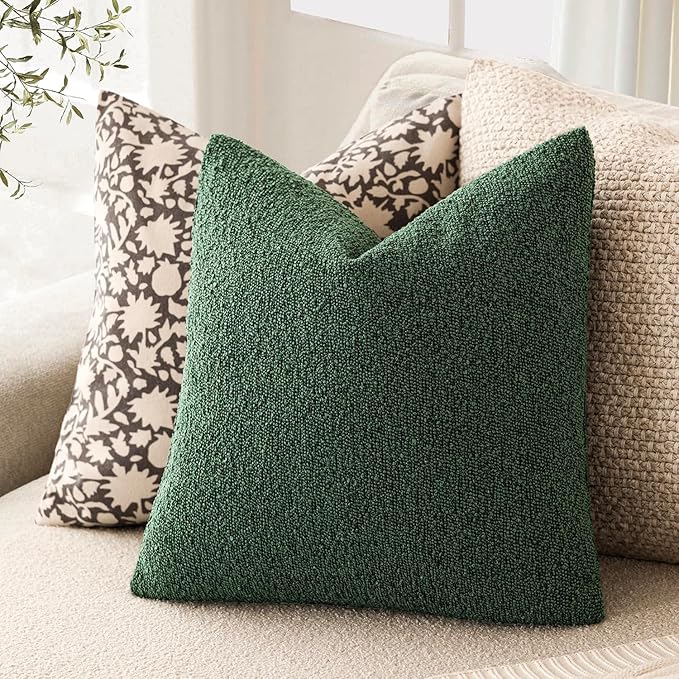 Foindtower Set of 2, Decorative Textured Boucle Throw Pillow Covers Accent Solid Pillow Cases Neutral Cozy Couch Cushion Case for Chair Sofa Bedroom Living Room Home Decor 26x26 Inch Pine Green