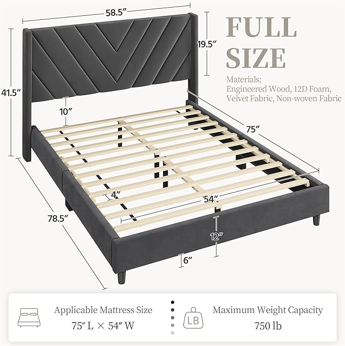 Yaheetech Full Bed Frame Upholstered Platform Bed with Wing Side Tufted Headboard/Sturdy Wooden Slat Support/No Box Spring Needed/Mattress Foundation,Dark Gray Full Bed