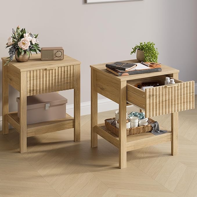 Fluted Night Stand with Golden Handle,Set of 2 Mid-Century Nightstands with Drawer, Bedside Table with Storage Shelf,Large End Tables for Livingroom,Bed Side Tables for Bedroom, Natrual Oak