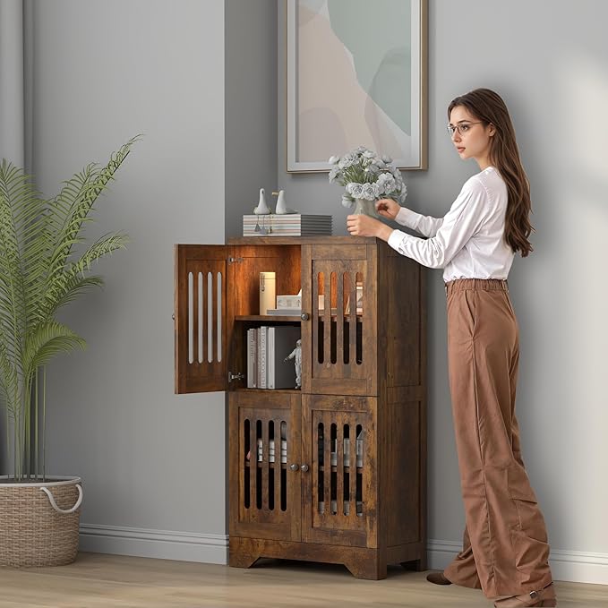 PARTPHONER Bathroom Floor Storage Cabinet with Cabinet Lights, Modern Storage Cabinet with 4 Doors and Adjustable Shelves, Buffer Hinges, Brown Pantry Cabinet for Living Room & Kitchen
