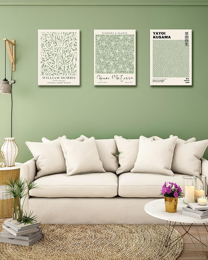 HesenDot Green Botanical Framed Wall Art Set, 12x16in Matisse William Morris Canvas Prints,Minimalist Classic Plants Home Decor for Living Room Bedroom Bathroom Office, Set of 3