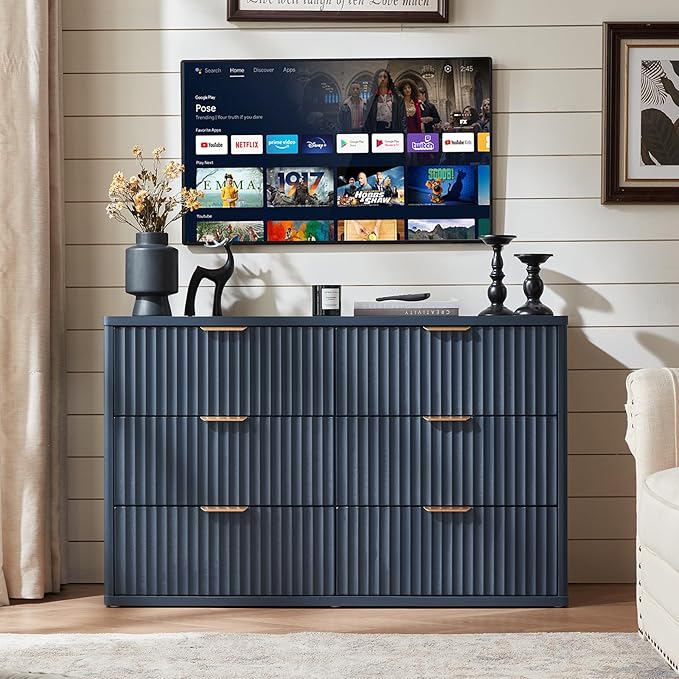 LEYAOYAO Fluted 6 Drawers Dresser for Bedroom, 48" Wide Modern Chest of Drawers with Metal Handle, Navy Blue Curved Profile Farmhouse Closet Organizer Wood Dressers TV Stand for Living Room, Hallway