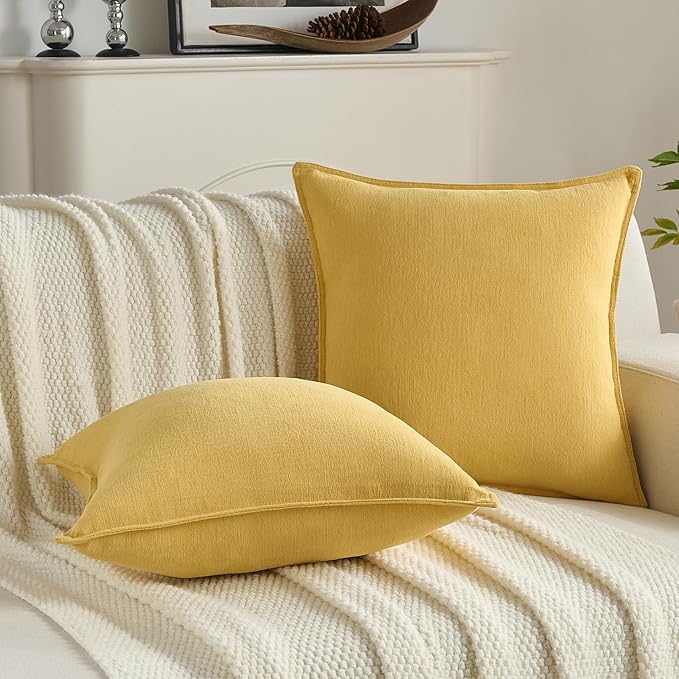 FUTEI Mustard Yellow Chenille Throw Pillow Covers 12x20 Inch Set of 2,Edges Double-Stitched Lumbar Pillow Cases,Modern Home Decor for Couch Living Room