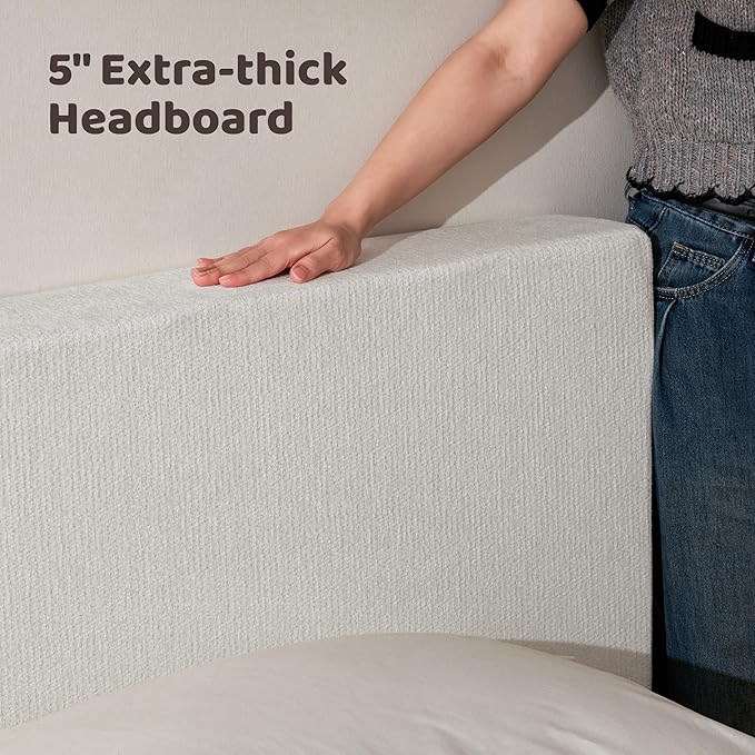 RECCI Cloud Upholstered Queen Bed Frame with Headboard, 5 Inch Foam Padded Platform, No Box Spring, Easy Assembly (Off-White)
