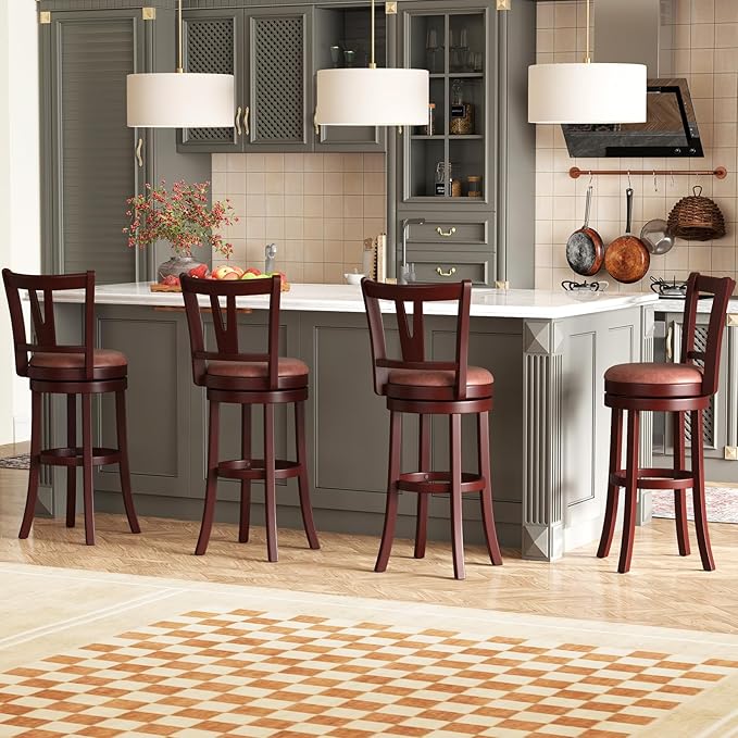 COSTWAY Barstools Set of 4, 30” Faux Leather Upholstered Bar Stools with High Backs and Footrests, Armless Kitchen Island Dining Chairs with Solid Wood Legs, Cappuccino (4, 30'' Seat Height)