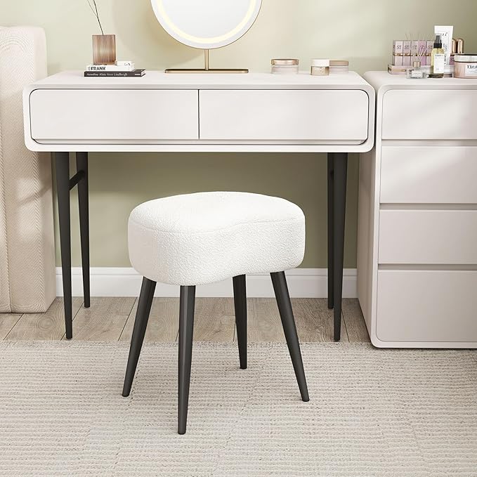 White Vanity Stool, Soft Makeup Stool with Solid Metal Legs for Vanity Corner, Morden Footrest Easy to Assembly