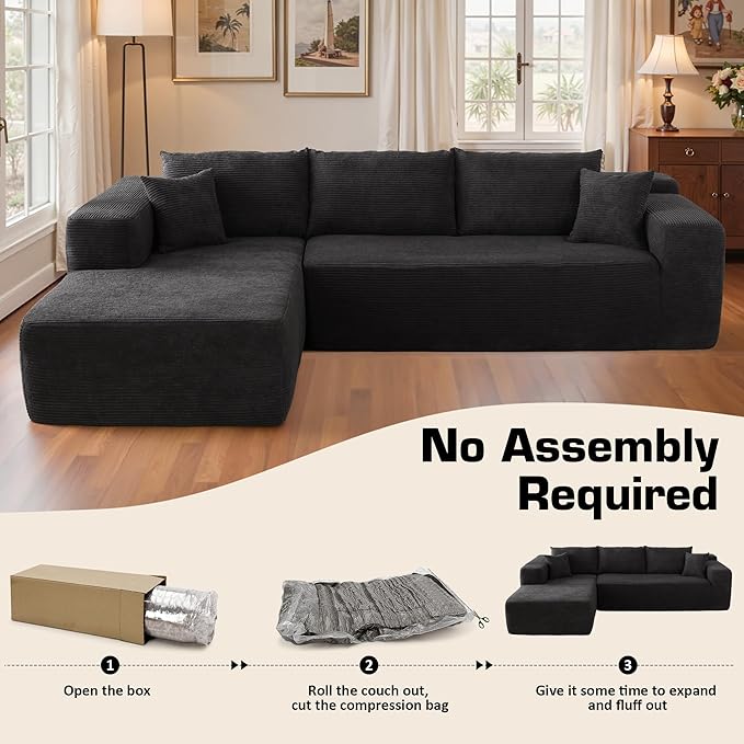 106" Cloud Sectional Couch with Chaise Lounge,L Shaped Modular Modern Sofa,Comfy Corduroy Fluffy Sofa with Deep Seat,No Assembly Required Couch for Living Room(Left,Stripe Corduroy,Black)