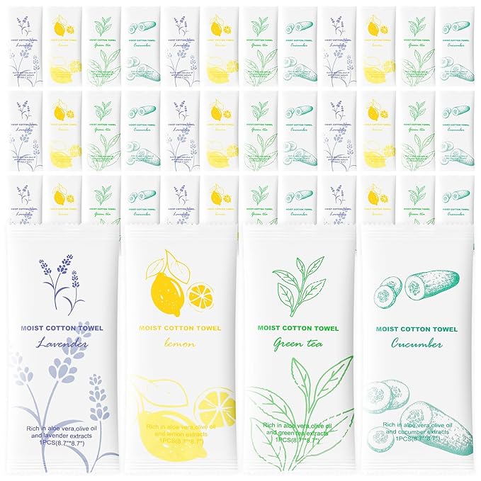 Moist Cotton Towel Bulk Moist Towelettes Individually Wrapped,White Towel Services,Refreshment Pre Moistened Towels for Dentist Travel Sport Party Hotel 100，Lavender,Green tea, Lemon and Cucumber