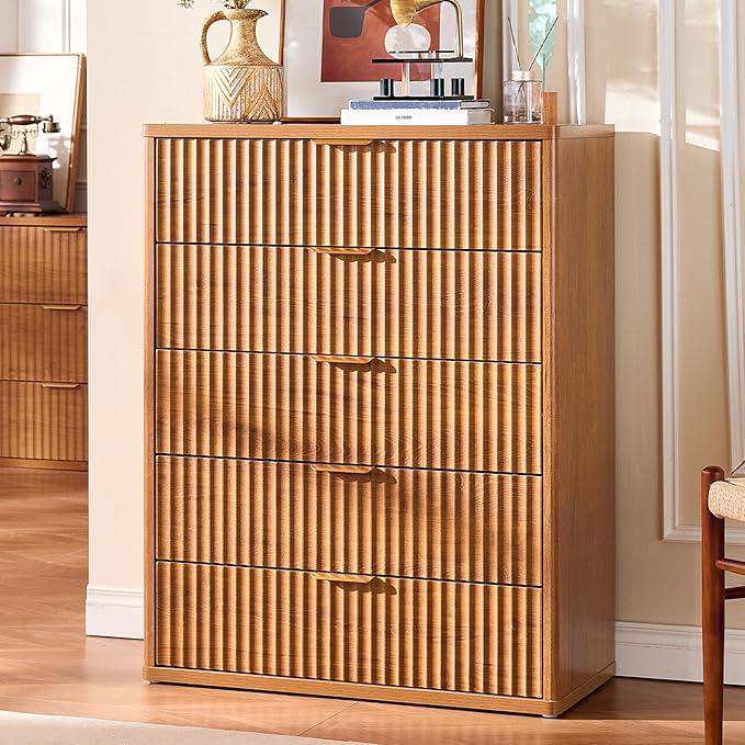 LEYAOYAO Fluted 5 Drawers Dresser for Bedroom, 41" Tall Modern Chest of Drawers with Metal Handle, Curved Profile Farmhouse Closet Organizer Wood Dressers TV Stand for Living Room, Hallway, Navy Blue