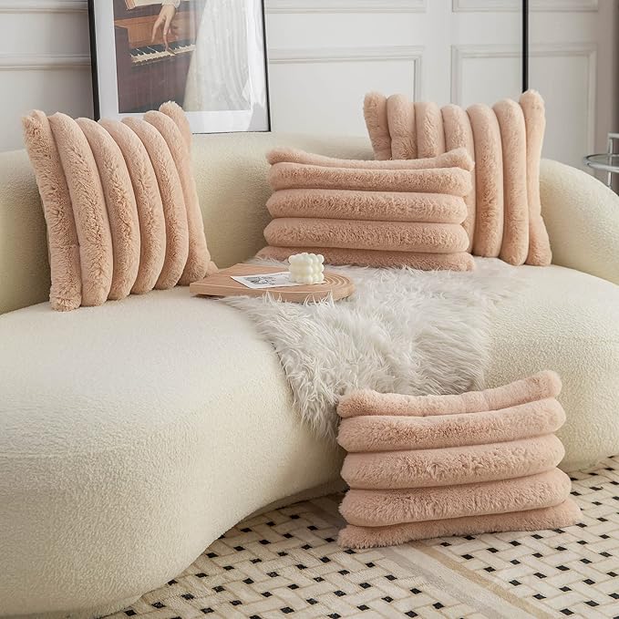 Neelvin Camel Faux Fur Cozy Soft Striped Decorative Throw Pillow Covers 16x16 inch Set of 2,Velvet Pillowcase Cushion Case for Sofa Couch