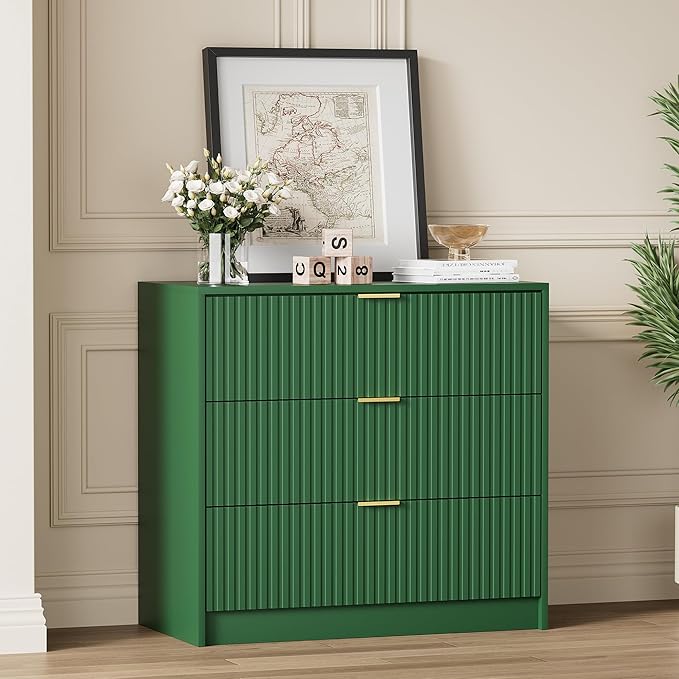 Green Dresser for Bedroom, Modern Dresser with 3 Drawers and Smooth Slides, Wide Chest of Drawers with Golden Handles for Bedroom, Living Room, Closet, 15.7" D x 31.5" W x 29.6" H