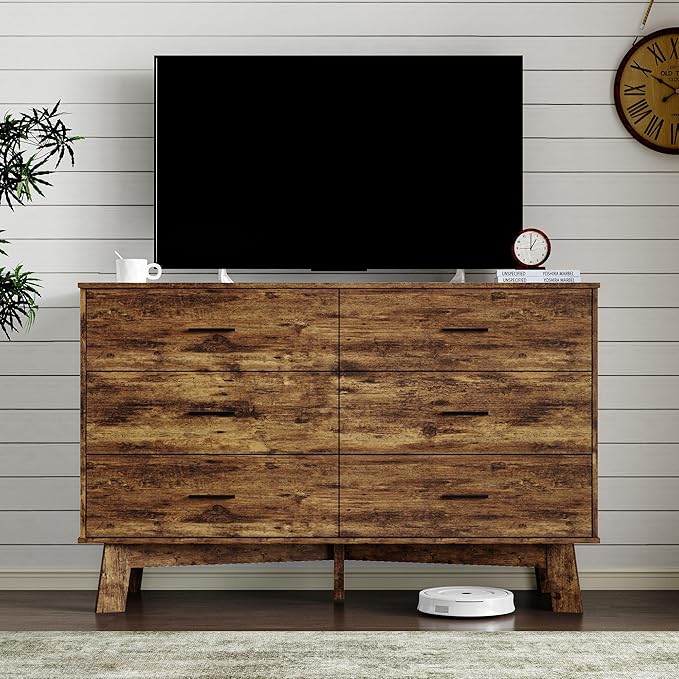 Dresser for Bedroom with 6-Drawer, 47.3" Modern Chest of Drawers with Metal Handles, X-Shape Base & Adjustable Center Leg, Anti-Tip Closet Organizers and Storage