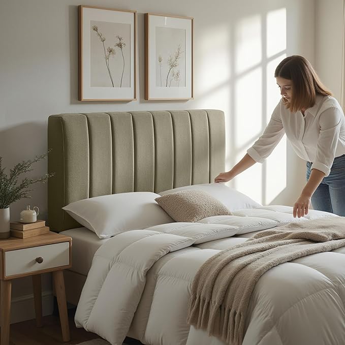 Upholstered Full Headboard - Easy Assemble Channel Stitched Headboard Full Size - Wall Mounted Headboard with 3D Soundproof Wall Panels Peel & Stick Floating Headboards for Full Size Bed - Olive Green