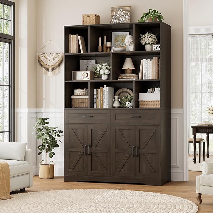 HOSTACK 71" Tall Bookcase with Drawer and Door, 47" Wide Book Shelf and Bookcase with Storage, 6 Tier Large Book Storage Cabinet with 14" Deep Display Shelves for Living Room, Home Office, Dark Brown