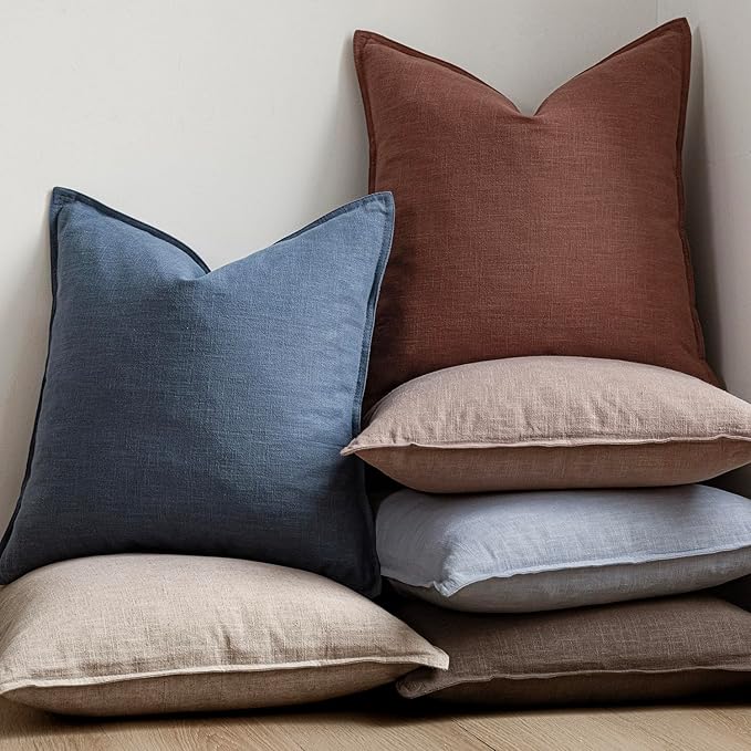 Foindtower Pack of 2, Decorative Linen Soild Throw Pillow Covers Soft Accent Euro Cushion Case Boho Farmhouse Pillowcase for Chair Couch Sofa Bedroom Living Room Home Decor 22 x 22 Inch Rust Red