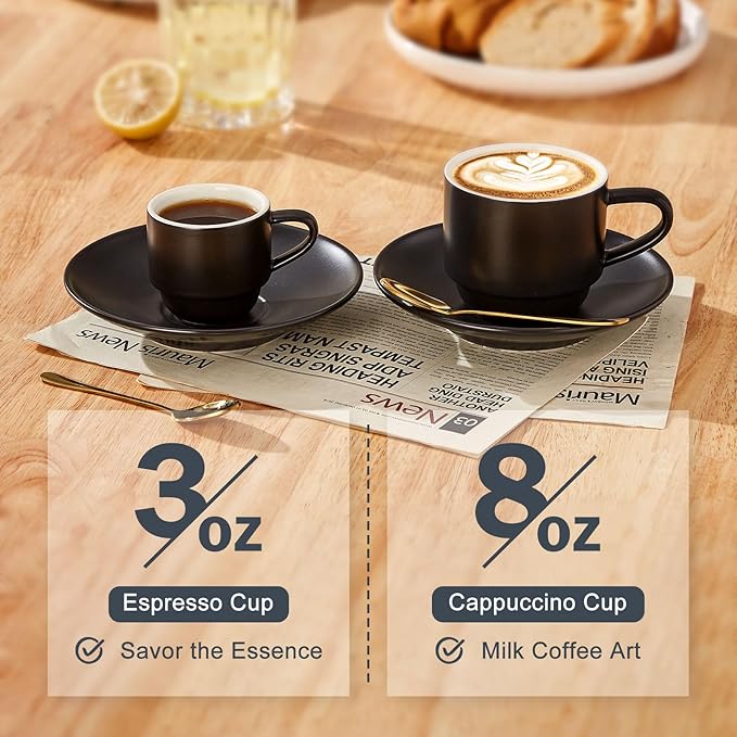 Lareina 3-Ounce Espresso Cups Set of 4, Small Stackable Coffee Cups with Saucers, Spoons and Metal Stand, Ceramic Demitasse Mugs, Espresso Accessories for Machine, Black