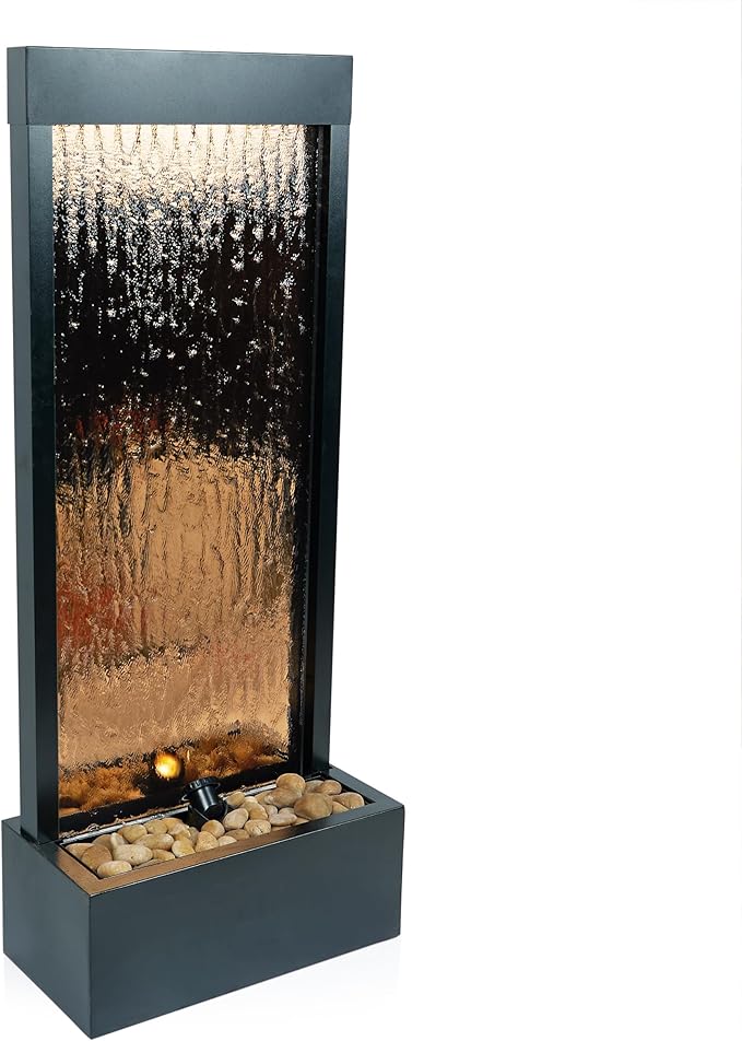 Alpine Corporation - Mirror Waterfall Fountain with Stones & Lights - Zen Indoor/Outdoor Decor for Office, Living Room, Patio, Entryway - 48 Inches (Bronze)