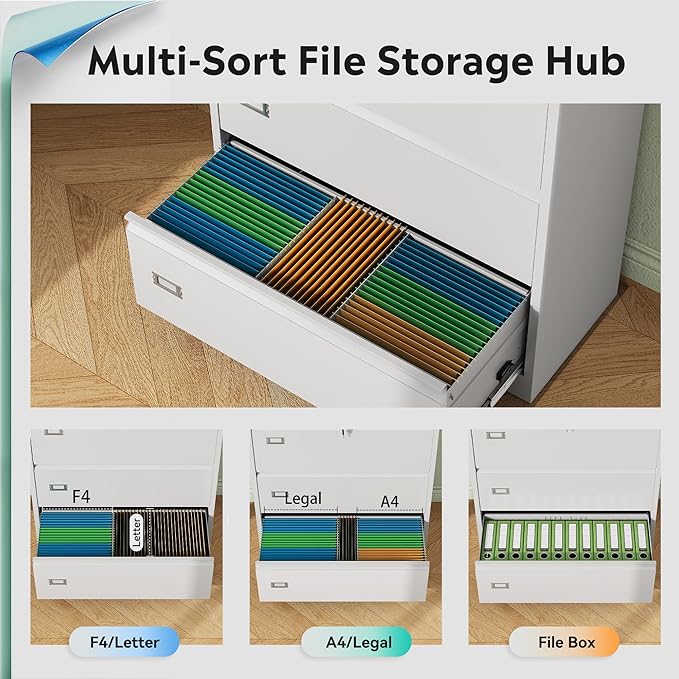 DEVAISE 3 Drawer Lateral File Cabinet with Lock, Metal Filing Cabinets for Home Office, 16" D x 35" W x 40.5" H Wide Storage Organization for Hanging Files Letter/A4/Legal/F4 Size, White