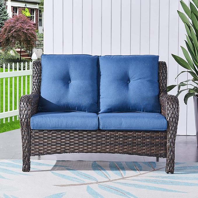 HUMMUH 6 Pieces Outdoor Patio Furniture Set Wicker Swivel Patio Chairs with Ottomans 2 Seater Outdoor Sectional Sofa/Patio Loveseat with Coffee Table