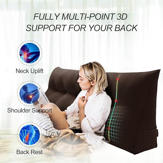 WOWMAX 85% Linen 15% Cotton Blend Headboard Pillow – California King Size Reading Wedge Backrest for Bed, Handmade Firm Support Bolster Cushion with Removable Cover, Premium Bed Rest Pillow, Brown