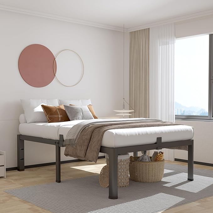 ROIL 14 inch Twin XL Bed Frames with Headboard Hole and Round Corner Legs Mattress Retainers 3500LBS Heavy Duty Steel Slats No Box Spring Needed Platform Noise-Free Underneath Storage