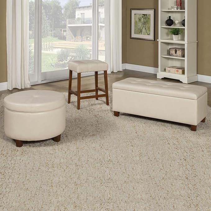 HomePop Large Leatherette Round Storage Ottoman with Removeable Lid, Cream Faux Leather
