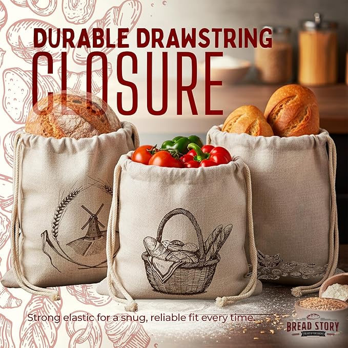 Linen Bread Bag – Reusable Linen Bags for Homemade Bread & Sourdough | Cloth Bags for Sourdough, Artisan Loaves, & Pastries | Unbleached Natural Fabric with Drawstring Closure, 3-Pack, 11 x 15"