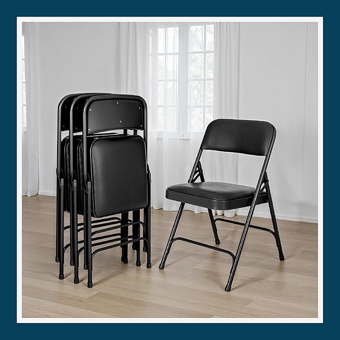 OEF Furnishings OEF1200 Series Premium Heavy Duty Vinyl Padded Folding Chairs, Commercial Grade 500 lb Capacity (4-Pack, Classic Black)