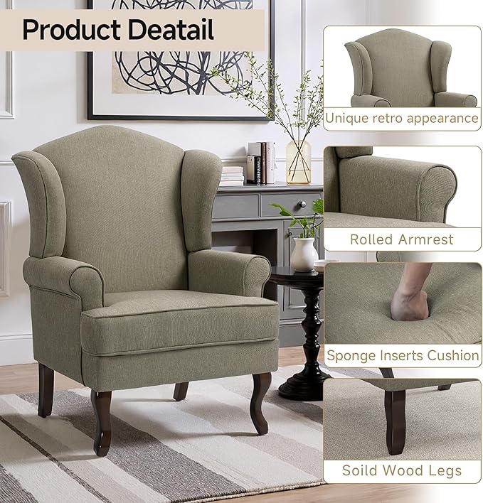 Pia Ricco High Back Floral Accent Chair, Upholstered Fabric Armchair with Solid Wood Legs - Retro Living Room Reading Chair, Comfortable Single Sofa Seat-Moss Grey