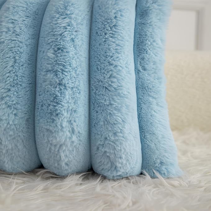 Neelvin Blue Faux Fur Cozy Soft Striped Decorative Throw Pillow Covers 20x20 inch Set of 2,Velvet Pillowcase Cushion Case for Sofa Couch