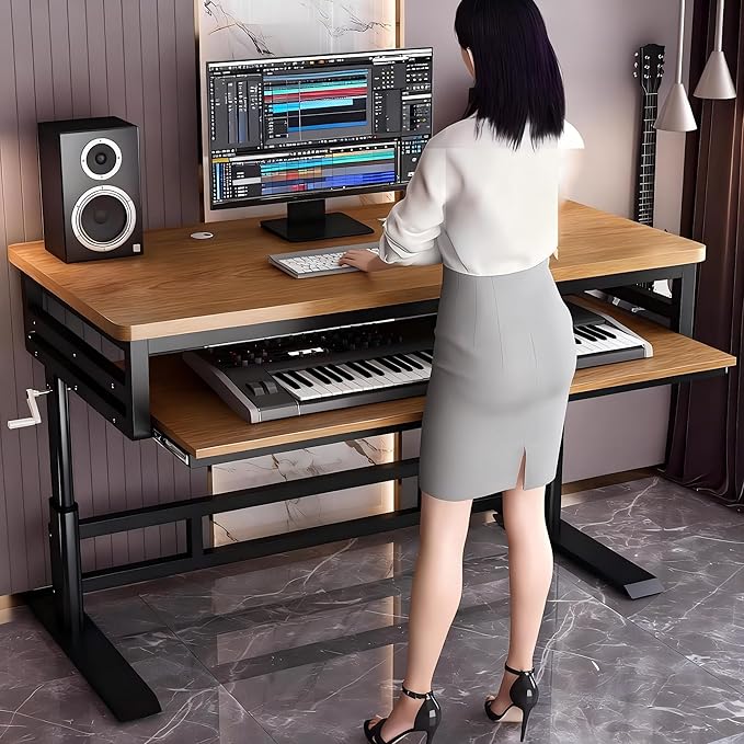 Studio Desk with Keyboard Tray | Hand-Crank Adjustable Standing Desk Workstation for Music Production, Cable Management, MIDI Keyboard Shelf (White, 62in)