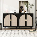 Black Rattan Cabinet-2-Doors,Sideboard Buffet Cabinet with Storage-Accent Storage Cabinet with Cane Door, Boho Wood Credenza for Living Room, Kitchen (Black Set 2)