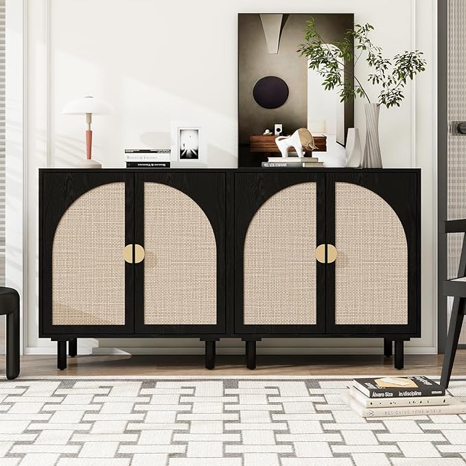 Black Rattan Cabinet-2-Doors,Sideboard Buffet Cabinet with Storage-Accent Storage Cabinet with Cane Door, Boho Wood Credenza for Living Room, Kitchen (Black Set 2)