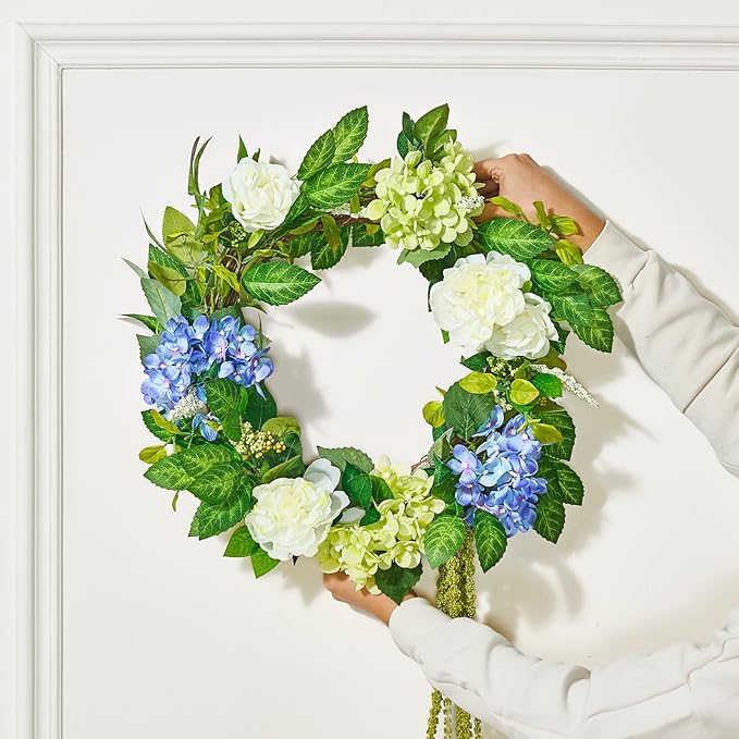 VEVOR Spring Wreath for Front Door 24 Inch - Artificial Hydrangea Wreath with Peonies, Year-Round All Season Outdoor Indoor Decor (Blue White Green Summer Floral)