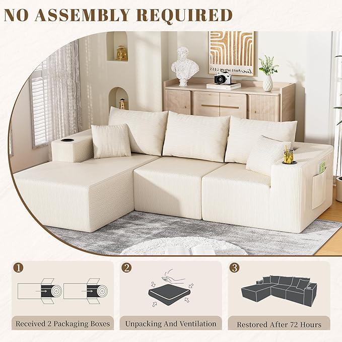 107" Cloud Sectional Couch, Modular Sectional Sofa with L-Shape Chaise, Corduroy Boneless Couch with Deep Seat, Upholstered Sofa for Living Room, No Assembly Required(Left-Facing Chaise, White)